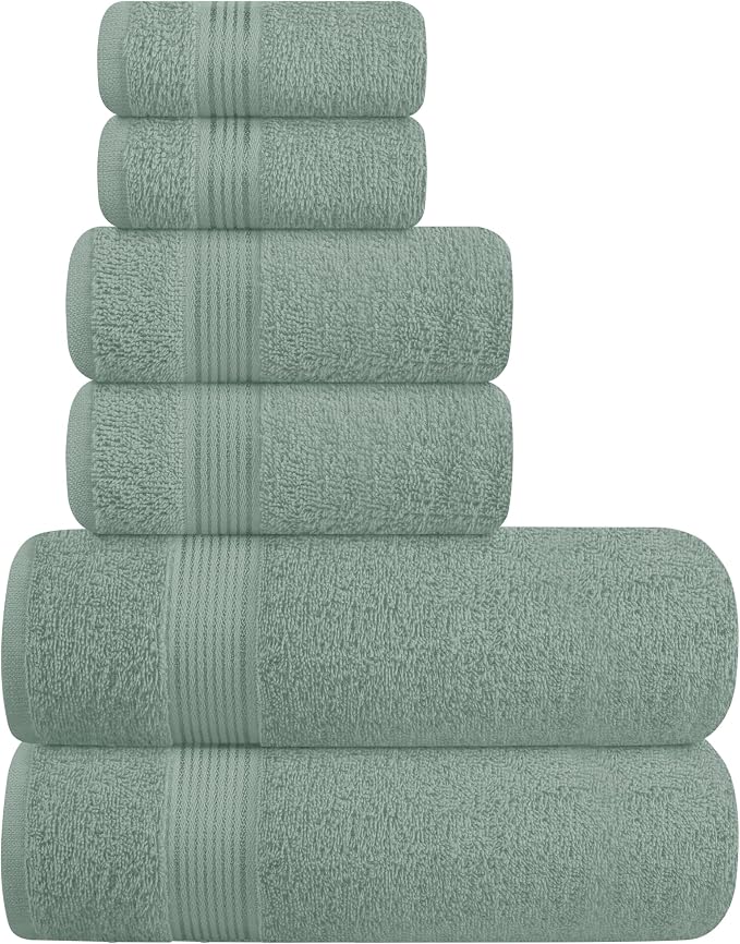 Ultra Soft 6 Pack Cotton Towel Set, Contains 2 Bath Towels 28x55 inch, 2 Hand Towels 16x24 inch & 2 Wash Coths 12x12 inch, Ideal Everyday use, Compact & Lightweight - Jade