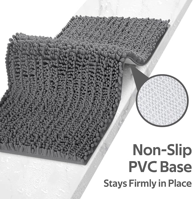 ACCUMTEK Upgrade Luxury 2 Piece Dark Gray Toilet Bathroom Rug Mat 48"x20"+24"x17", Ultra Soft Thick Absorbent Bath Mats, Non Slip Chenille Toilet Mat for Bathroom, Bedroom, Kitchen, Shower, Tub