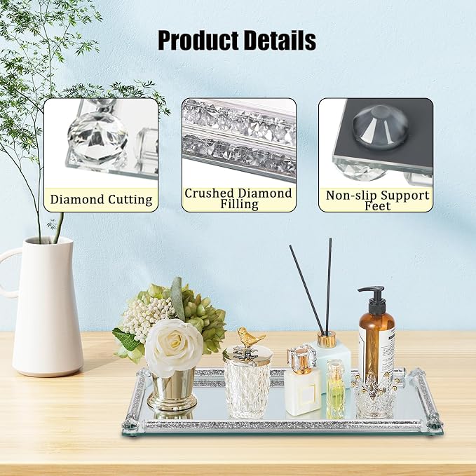 Silver Mirror Perfume Tray for Dresser,Crushed Diamond Filled Glass Vanity Tray,Decorative Bathroom Tray,Crystal Tray for Home Decorative,Party,Hotel Banquet,13.8''x5.9''x1'',Silver