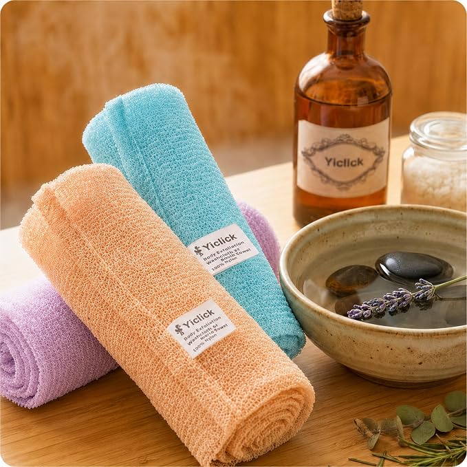 Multicolor Shower Bath Sponge, Gentle Skin Exfoliator for Body and Back Daily Bath Washing, Orange+Lilac+Lakeblue