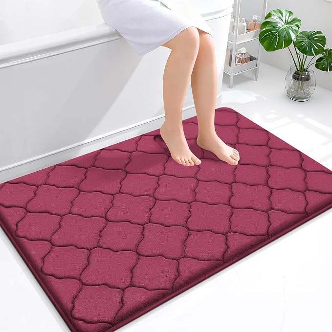 OLANLY Memory Foam Bath Mat Rug 47x32, Ultra Soft Bathroom Rugs, Burgundy | Thick Absorbent Carpet, Non-Slip Backing, Machine Washable, for Bathroom Floor, Tub, Shower and Home Decor Accessories