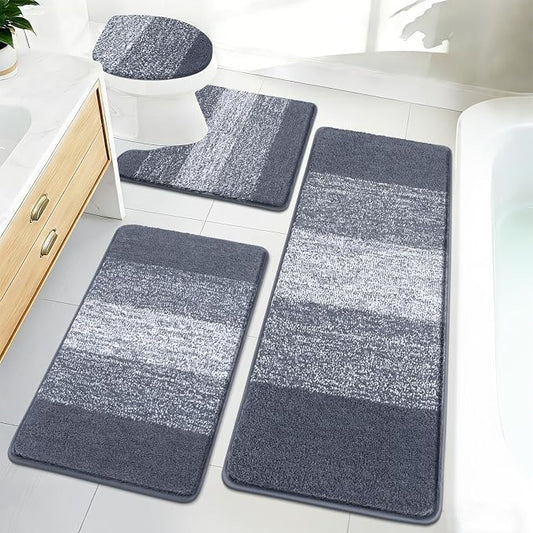 Bsmathom Bathroom Rug Set 4 Piece, Plush Microfiber Bath Mat, Dark Gray | Extra Water Absorbent, Non Slip Washable Runner Bath Rugs with Toilet Lid Cover and U-shaped Contour Toilet Mat