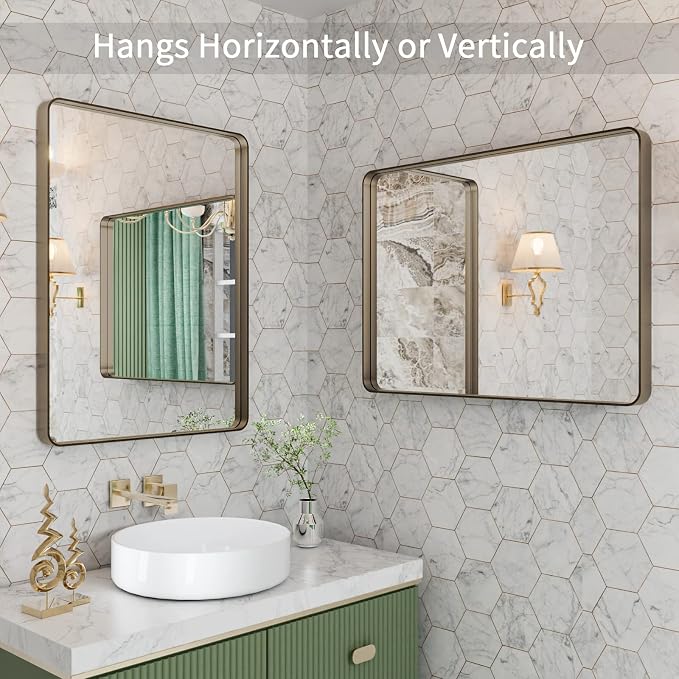 LOAAO 22”X30” Bronze Bathroom Mirrors for Vanity, Rounded Rectangle Brushed Bronze Metal Frame Mirror, Anti-Rust, Hangs Horizontally or Vertically | Rounded Rectangle, Brushed Bronze Metal Frame, Anti-Rust, Hangs Horizontally or Vertically