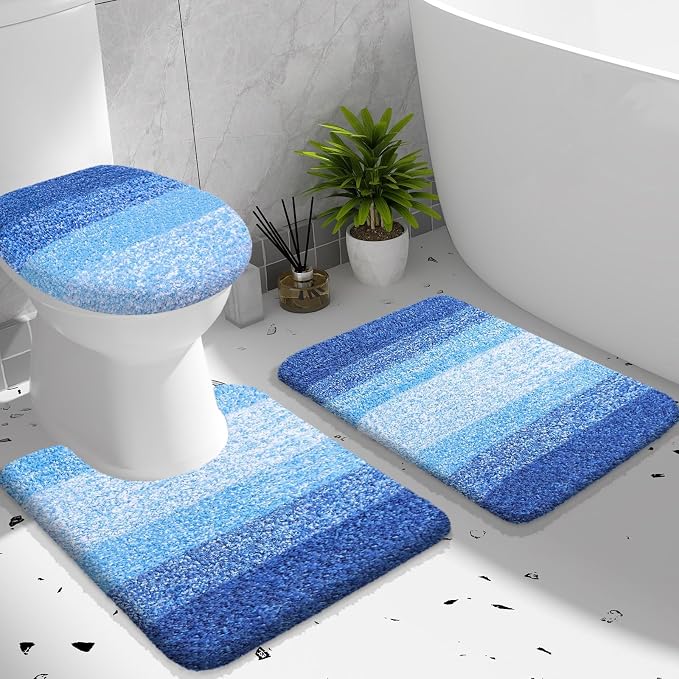 OLANLY Bathroom Rugs Sets 3 piece, Soft Microfiber Absorbent Bath Mat, U-Shaped Contour Toilet Mat and Toilet Lid Cover, Machine Washable, Toilet Cover and Rug Set for Bathroom, Light Royal Blue