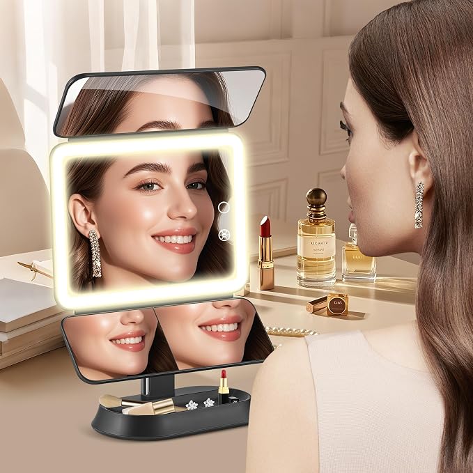 GOMIPURU Makeup Mirror with Lights and 30X/10X/5X Magnification, Vanity Mirror with 3 Color Lights, Rechargeable, Detachable, Lighted Makeup Mirror with Magnification, Trifold Mirror, Gifts, Black