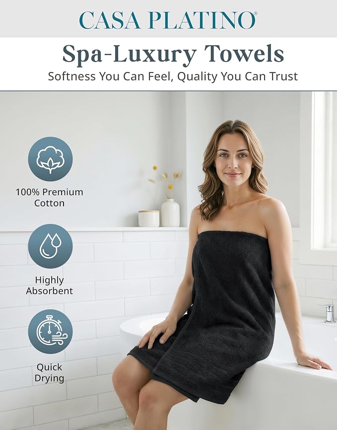 Casa Platino Towel Set for Bathroom Soft Absorbent Quick Dry - Black | Pack Of Towels - Dobby Border Accent, OEKO-TEX Certified, Ring-Spun Durability, Ring-Spun Cotton, Terry Weave Comfort