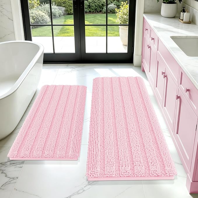 ACCUMTEK Christmas Striped Pink Bathroom Rug Mat Set 2 piece 24"x17"+48"x20" Ultra Soft, Non Slip Chenille Bath Rugs, Absorbent Plush Shaggy Bath Mats for Bathroom, Bedroom, Kitchen, Shower, Tub