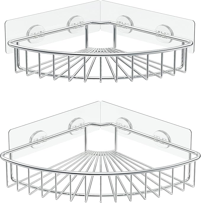SMARTAKE 2-Pack Corner Shower Caddy, SUS304 Stainless Steel, Wall Mounted Bathroom Shelf with Adhesive, Storage Organizer for Toilet, Dorm and Kitchen (Silver)