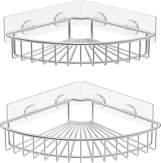 SMARTAKE 2-Pack Corner Shower Caddy, SUS304 Stainless Steel, Wall Mounted Bathroom Shelf with Adhesive, Storage Organizer for Toilet, Dorm and Kitchen (Silver)