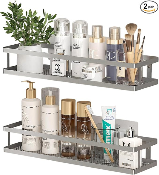 PUSDON 2-Pack 16.5" Extra Long Slim Shower Caddy, Adhesive Wall Mount Bathroom Organizer, Rustproof Open Frame Mesh Spice Rack for Kitchen, Holds 50LBS - Silver Gray, Guardrail