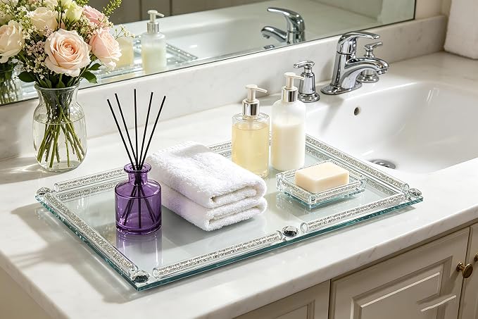 Large Mirror Perfume Tray for Dresser,Crushed Diamond Filled Glass Vanity Tray,Decorative Bathroom Tray,Crystal Tray for Home Decorative,Party,Hotel Banquet,15.7x11.8x1.4inch,Silver