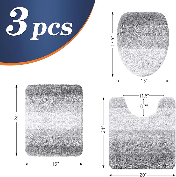 OLANLY Bathroom Rugs Sets 3 piece, Soft Microfiber Absorbent Bath Mat, U-Shaped Contour Toilet Mat and Toilet Lid Cover, Quick Dry, Machine Washable, Toilet Cover and Rug Set for Bathroom, Light Grey