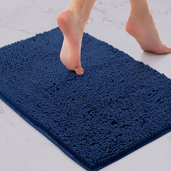 LuxUrux 3-Piece Bathroom Rug Set – Plush Chenille Bath Mats & U-Shaped Toilet Mat, Ultra-Soft, Absorbent & Non-Slip (20x20 U, 16x24 & 20x30 inches, Blue)