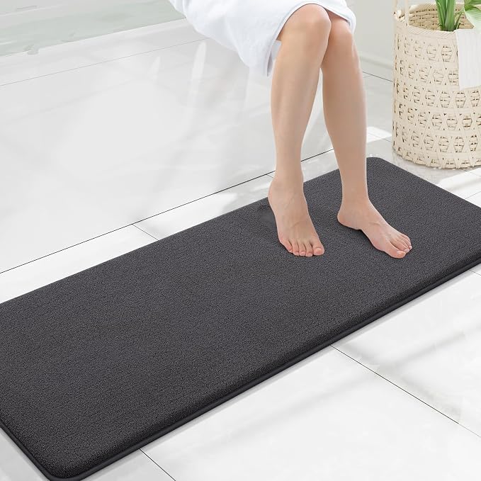 Smiry Memory Foam Bath Mat 47x17, Extra Soft Absorbent Bathroom Rugs | Dary Grey Quick Dry, Machine Washable Bath Mats for Bathroom, Shower, Tub and Home Decor Accessories