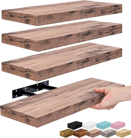 Sorbus Floating Shelves for Wall – 16 Inch Floating Shelf for Kitchen, Bedroom, Living Room, Bathroom, Home & Wall Decor - Mounted Bathroom Shelves with Invisible Brackets (Mahogany, 4 Pack)