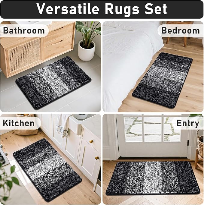 Bsmathom Bathroom Rug Set 4 Piece, Plush Microfiber Bath Mat, Black | Extra Water Absorbent, Non Slip Washable Runner Bath Rugs with Toilet Lid Cover and U-shaped Contour Toilet Mat