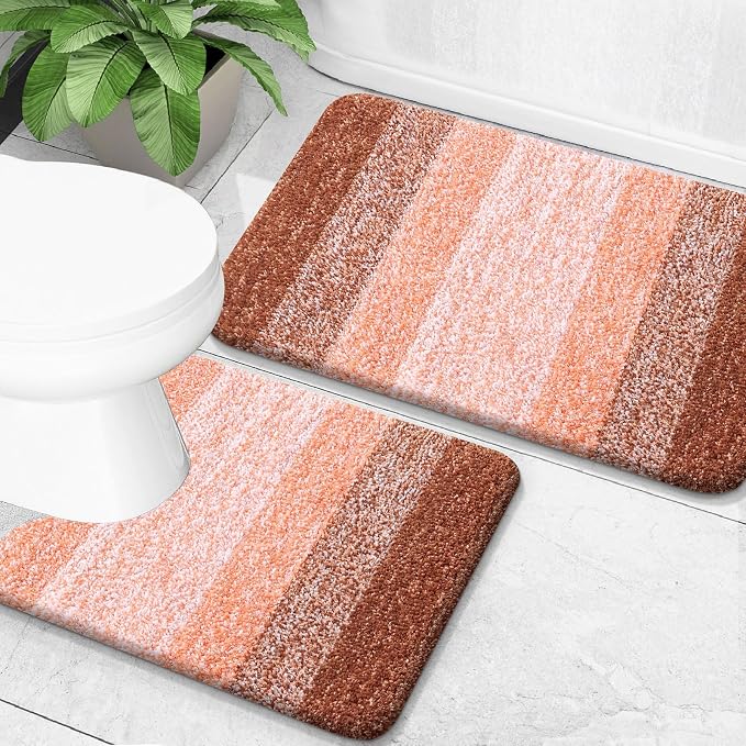 OLANLY Micorfiber Bathroom Rug Set 2 Piece, 30"x20"+U-Shaped 24"x20" | Orange, Soft Absorbent Bath Mats and Contour Toilet Rug, Non-Slip, Machine Wash Dry, Plush Shaggy Bath Mats for Bathroom