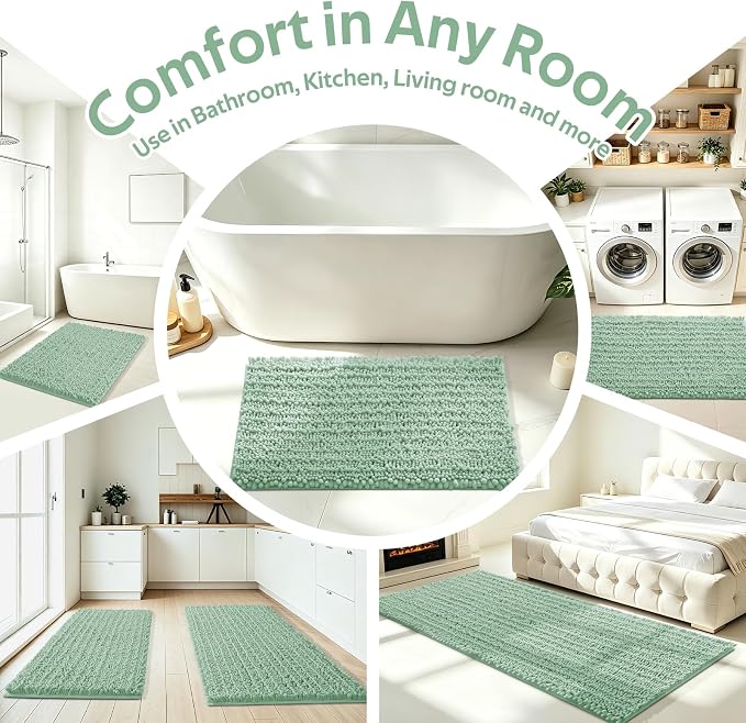 ACCUMTEK Upgrade Luxury 2 Piece Sage Green Toilet Bathroom Rug Mat 60"x20"+32"x20", Ultra Soft Thick Absorbent Bath Mats, Non Slip Chenille Toilet Mat for Bathroom, Bedroom, Kitchen, Shower, Tub