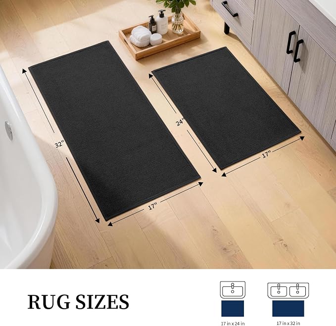 Black Bathroom Rugs Sets 2 Piece, Quick Dry Thin Bath Mat, Non Slip Absorbent Machine Washable, Bath Rugs for Bathtub Sink Home Decor (17"x24" + 17"x32")