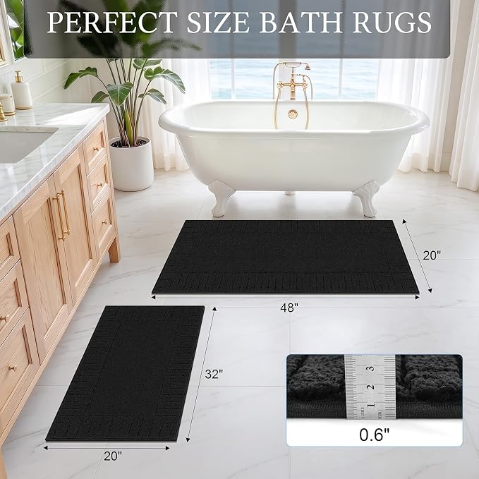Pauwer Bathroom Rugs Sets 2 Piece, Non Slip Plush Bath Mats, Black | Machine Washable, Microfiber Shower Rugs, Absorbent Quick Dry, Floor Mat for Bath Floor Tub and Shower