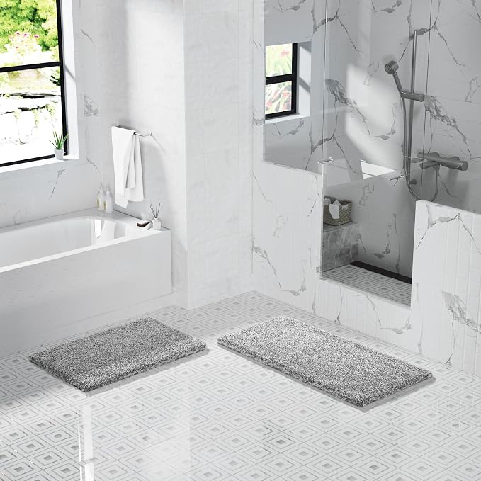 Yimobra Luxury Bathroom Rugs, Fluffy Bath Mats, Non Slip, Water Absorbent Microfiber, Machine Washable, Plush Carpet Shower Rugs, Thick Matts for Bathroom Floor&Tub, 44" X 24", Light Gray and White