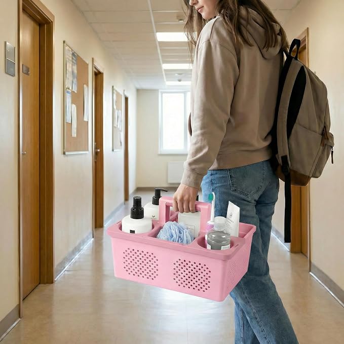 KMV Dorm Room Portable Shower Caddy with Adjustable Compartments - Ventilated Drainage Design with Handles, Perfect Toiletries Organizer for College Dorms-pink