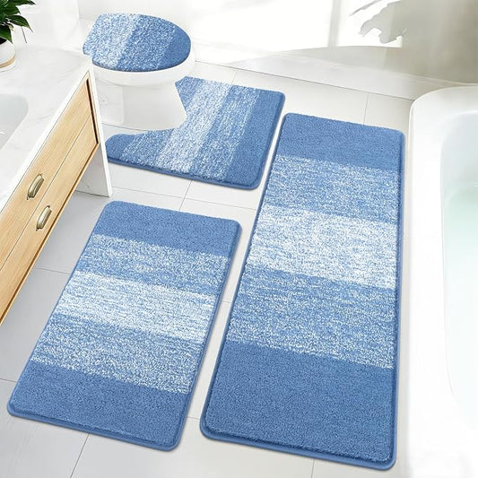 Bsmathom Bathroom Rug Set 4 Piece, Plush Microfiber Bath Mat, Blue | Extra Water Absorbent, Non Slip Washable Runner Bath Rugs with Toilet Lid Cover and U-shaped Contour Toilet Mat