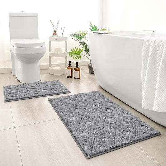 HOMEIDEAS Grey Bathroom Rug Set 2 Piece, 20"x32"+16"x24" | Soft Microfiber Tufted Bath Mats, Super Absorbent, Non Slip, Machine Washable for Everyday Use