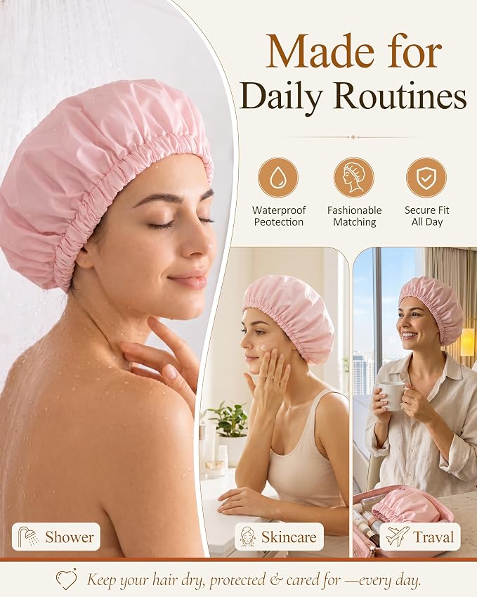 Edoneery Shower Caps for Women Reusable Waterproof, Shower Hair Cap | Washable Bonnet, Wide Elastic Band, Large Fit, Holds Long Hair, Braids Friendly, Bath Accessories, Spa, Travel