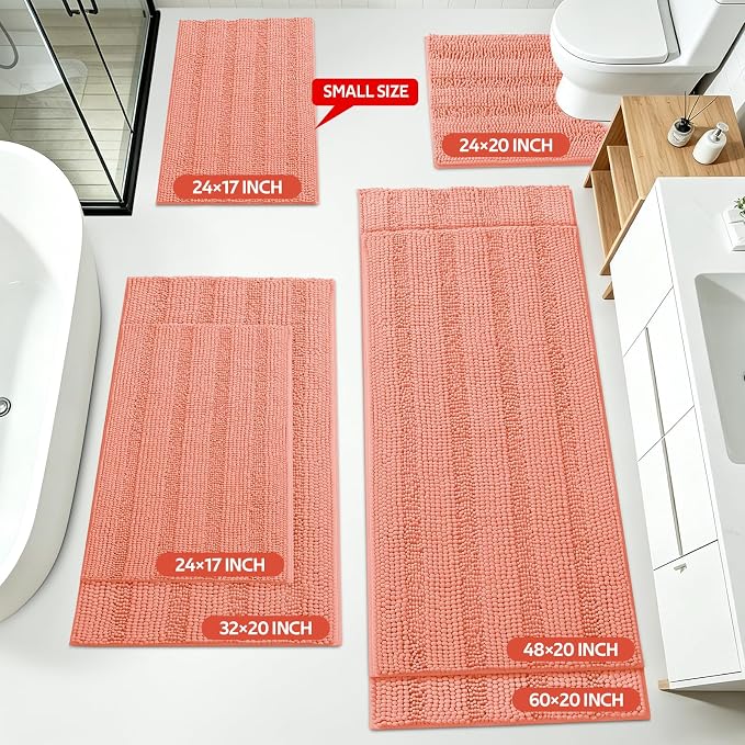 ACCUMTEK Striped Coral Toilet Bathroom Rug Mat Set 2 piece Rug Ultra Soft, Non Slip Chenille Bath Rugs, Absorbent Plush Shaggy Bath Mats for Bathroom, Bedroom, Kitchen, Shower, Tub