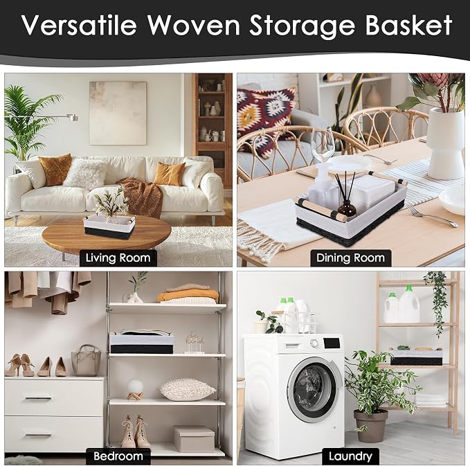 Wicker Storage Basket with Wooden Handle – Paper Rope Decorative Toilet Paper Baskets & Bathroom Organizer for Toilet Tank Top, Shelves, Bedroom, Countertop,Home,Office Storage Bins, 2 Pack,Black
