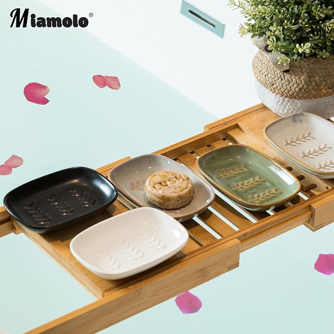 Miamolo Soap Dish Bar Cleaner Dish for Shower, Ceramic Soap Dishes for Large Soap Bar Shampoo or Sponge, Shower Soap Dish Soap Saver Tray for Bathroom Kitchen Sink, Easy to Clean (Pack of 2)