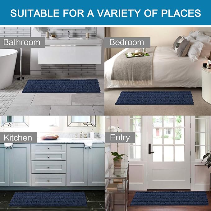H.VERSAILTEX Bathroom Rugs Bath Rug Set 2 Piece Bathroom Contour Rug Toilet Mat Sets Non Slip Contour Bath Rug Ultra Thick Water Absorbent Striped Bath Mats Washable(47" x 17" Plus 20" x 20" U, Navy)