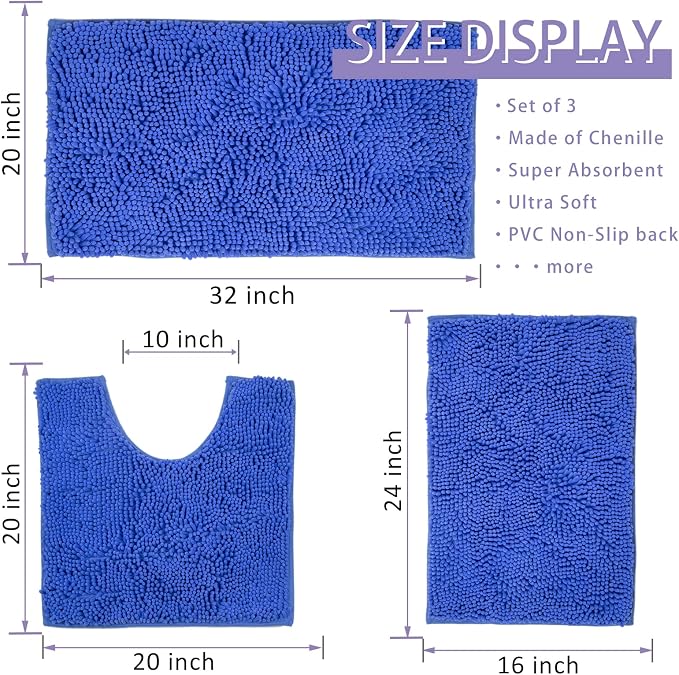 Blue Bath Mat - Super Soft Non-Slip, Machine Washable, Dries Quickly - Ultra Soft 3 Piece Bathroom Set