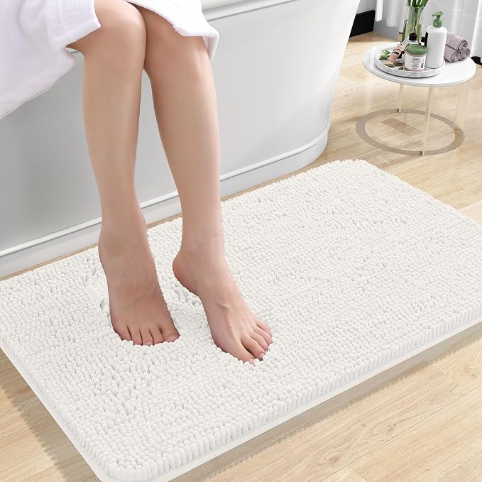 OLANLY Small Bathroom Rugs 24x16, Extra Soft Absorbent Chenille Bath Rugs | Ivory, Quick-Drying Rubber Backing, Machine Washable Bath Mat for Bathroom Floor, Tub and Shower, Home Decor Accessories