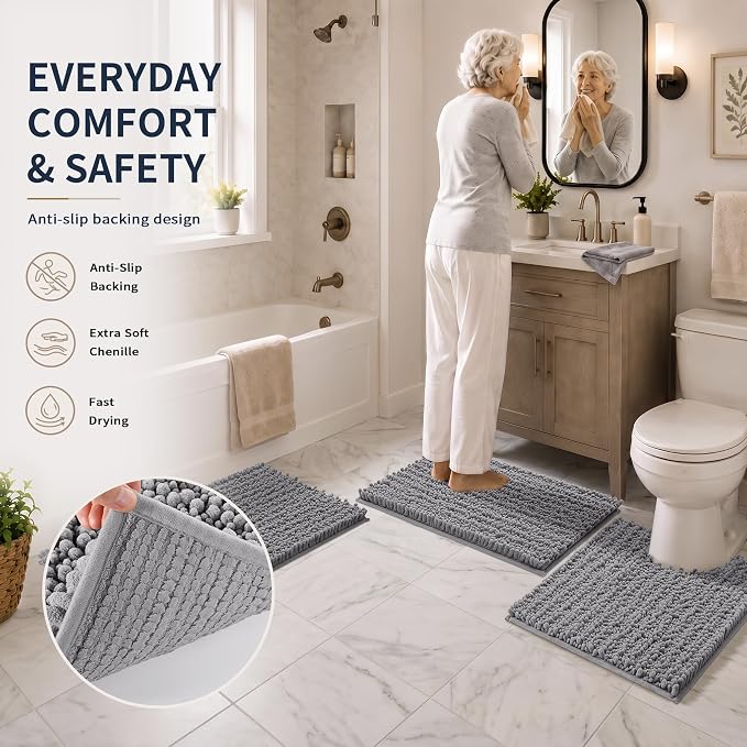 Yimobra Bathroom Rug Set 3 Piece, Super Water Absorbent Bath Mat Set, Grey | Quick Dry Soft Chenille Bath Rugs & Toilet Rug, Non Slip Machine Washable, Extra Thick Shaggy Floor Mat for Shower Tub Sink