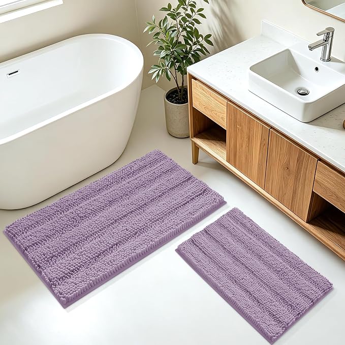 ACCUMTEK Striped Lavender Bathroom Rug Mat Set 2 piece 32"x20"+24"x17" Ultra Soft, Non Slip Chenille Bath Rugs, Absorbent Plush Shaggy Bath Mats for Bathroom, Bedroom, Kitchen, Shower, Tub