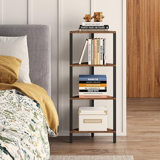 TUTOTAK Corner Shelf, 4-Tier Corner Bookshelf for Small Space, Narrow Display Corner Shelf Stand with Storage Rack, for Living Room, Bedroom, Rustic Brown BS05BB004