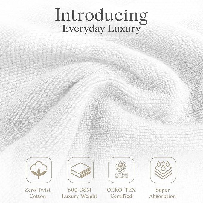 Premium Staple Cotton Bathroom Towel Set - White 600 GSM 6-Piece Luxury Bath Towel Set 1 Stripe - 2 Bath Towels, 2 Hand Towels & 2 Washclothes Set - High Absorbent & Quick Dry for Gym, Spa, Hotel