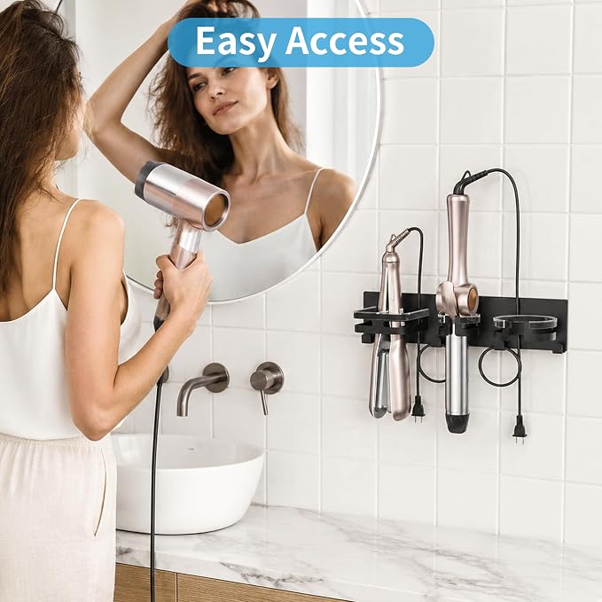 BOIVSHI Hair Dryer Holder Wall Mounted, Self-Adhesive or Drill Mount | Blow Dryer Holder, Straightener, Curling Iron and Hot Tools Organizer, Flat Iron Metal, for Bathroom, Salon, Vanity - Black