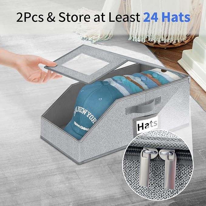 Stackable Hat Storage for Baseball Caps - Hat Organizer with Clear Window | 2PCS Stackable Storage with Clear Window Lid, Flip-Top Access, Space-Saving Hat Box for Closet, Breathable Fabric