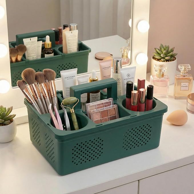 KMV Dorm Room Portable Shower Caddy with Adjustable Compartments - Ventilated Drainage Design with Handles, Perfect Toiletries Organizer for College Dorms-green