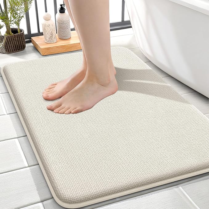 OLANLY Memory Foam Small Bathroom Rugs 24x16, Absorbent Bath Mat, Ivory | Soft Quick Dry Bath Rugs, Non-Slip Carpet, Machine Washable Mat for Bathroom Floor, Tub and Shower, Home Decor Accessories