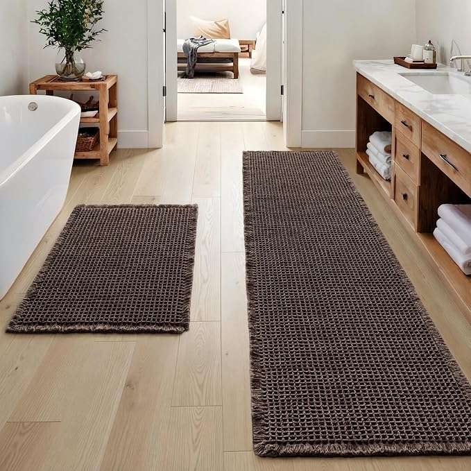 MIULEE Set of 2 Waffle Bathroom Rugs Chocolate Bath Mat 17"x24"+17"x48" | Non Slip, Super Absorbent, Washable, Ultra Soft, Rubber Backed, Small Boho Bath Rug and Bathroom Runner for Floor Tub Shower