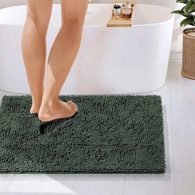 Hearth & Harbor Bathroom Rugs, Chenille Bath Mat - Machine Washable Bath Mats for Bathroom Non-Slip Backing Rubber, Quick Dry Bathroom Mat - Hunter Green 24x36