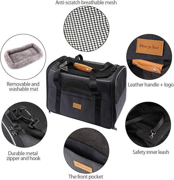 Morpilot Cat Carrier - Airline Approved, Top Opening Portable Dog Bag with Breathable Mesh/Removable Mat, Adjustable Shoulder Strap & Bowl, Foldable Travel Cage, M, Grey