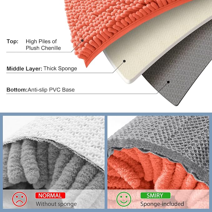 Smiry Chenille Bathroom Rugs Sets 2 Piece (30x20+ U Shape 24x20, Coral) | Soft Absorbent Machine Washable Non Slip Shaggy Bath Rug Set for Tub, Shower, and Floor, Home Decor