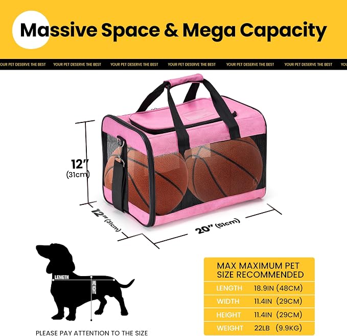 Conlun Dog Carrier Soft Sided, Large Cat Carrier up to 20 Lbs,Pink L | with Inner Safety Leash, Pet Transport Carrier for Large Cats and Medium Dog, Collapsible Puppy Carrier Bag