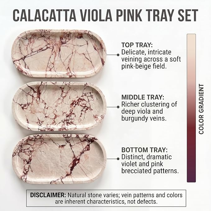 YKAJO Calacatta Viola Pink Oval Marble Tray, 11.8x5.9 Perfume Organizer | Honed natural stone; jewelry & trinket dish, ring & key holder, soap & candle catchall; bath counter, dresser, coffee table