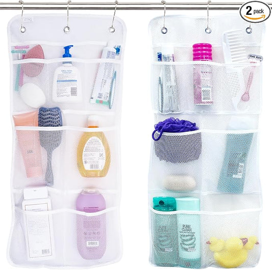 S&T INC. Shower Organizer and Caddy, 2 Pack, 14" x 30", White | Quick-Dry Mesh, 7 Pockets, Shower Caddy and Bathroom Organizer, Hangs on Existing Shower Curtain Hooks, Cruise Essential